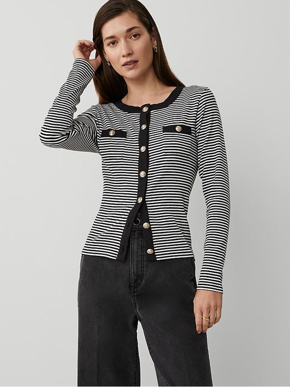 ANN TAYLOR NWT XL Lightweight Ribbed Cardigan Top in Black and White Stripe